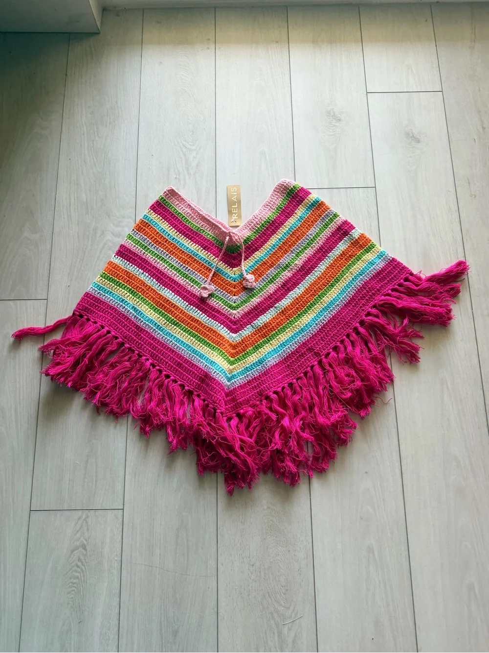 Relais Knitware Kids Rainbow Crochet Poncho with Hot Pink Fringe